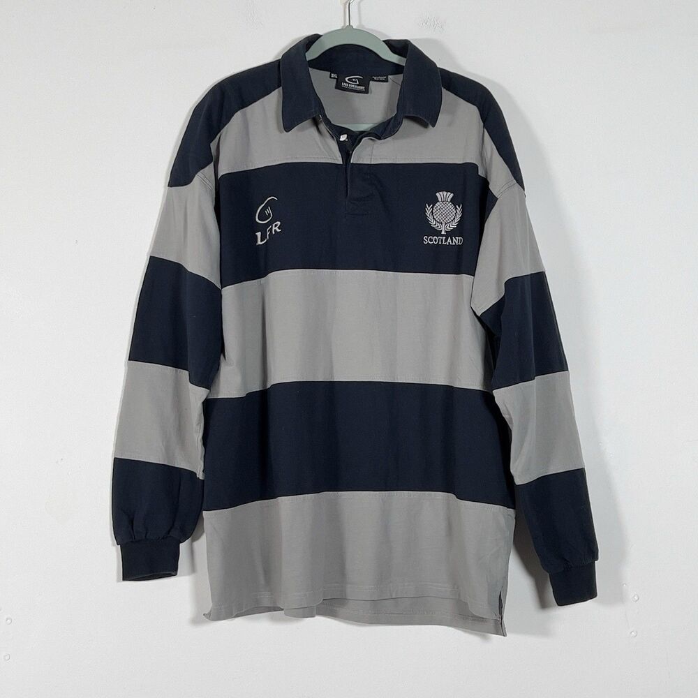 Live For Rugby  Scotland Polo Shirt Mens Sz 3XL Striped Blue Gray Long Sleeve
